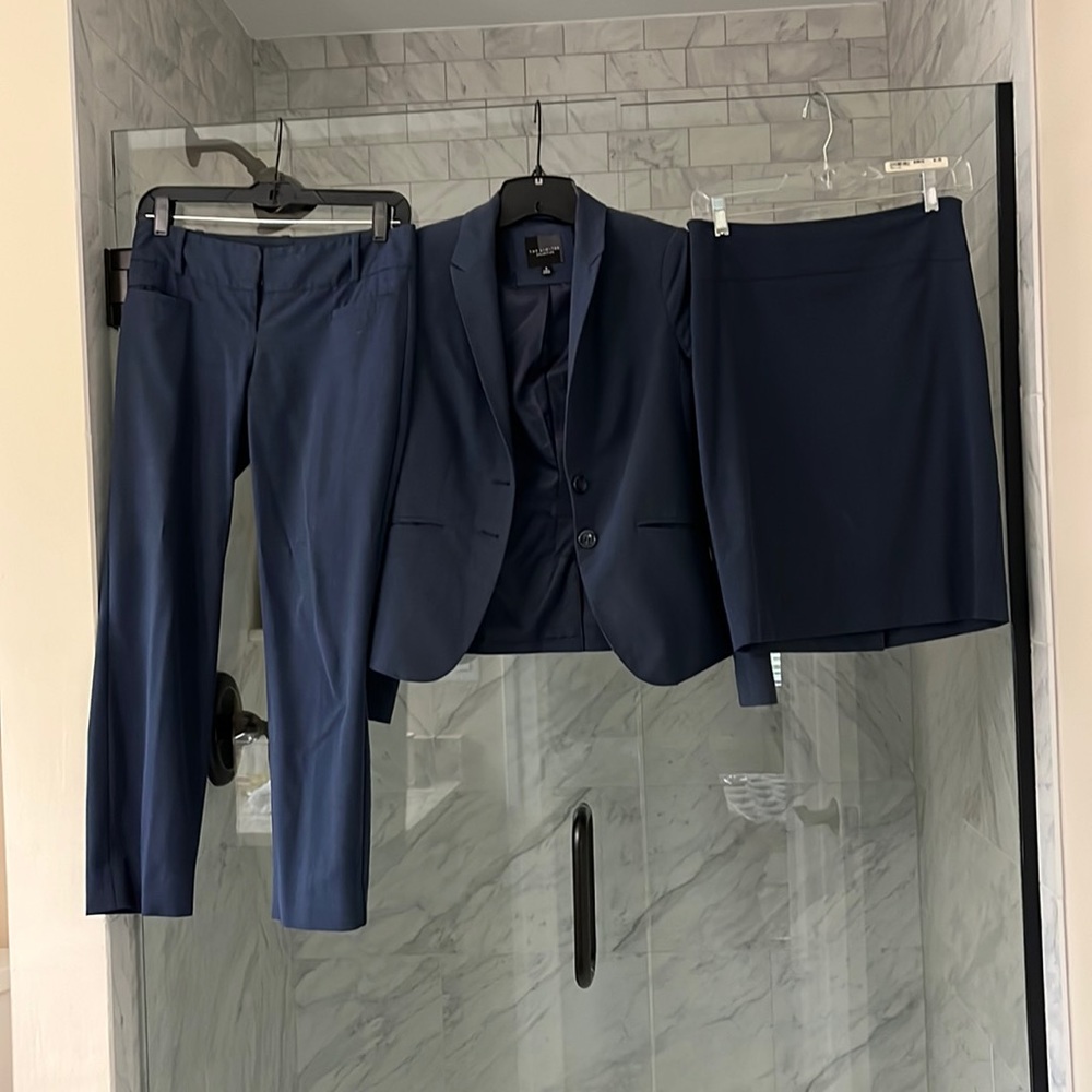 3 piece suit blue charcoal - blazer, skirt, pants